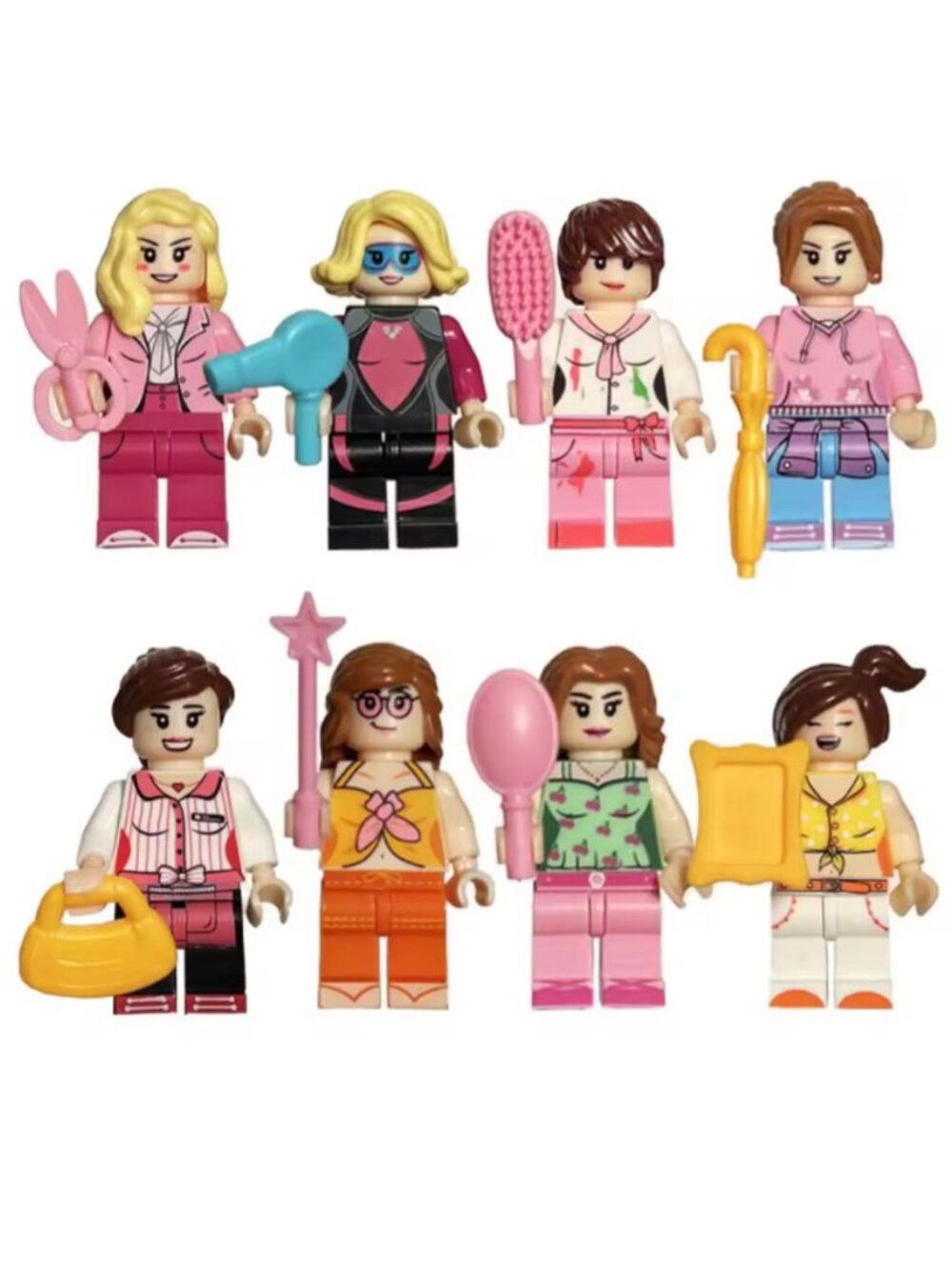 Set of 8 LEGO-Compatible Female Mini Figures with Salon Accessories – New